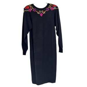 Vintage 80s Plain Jane Black Sweater Dress Embellished Sequins Midi Length M